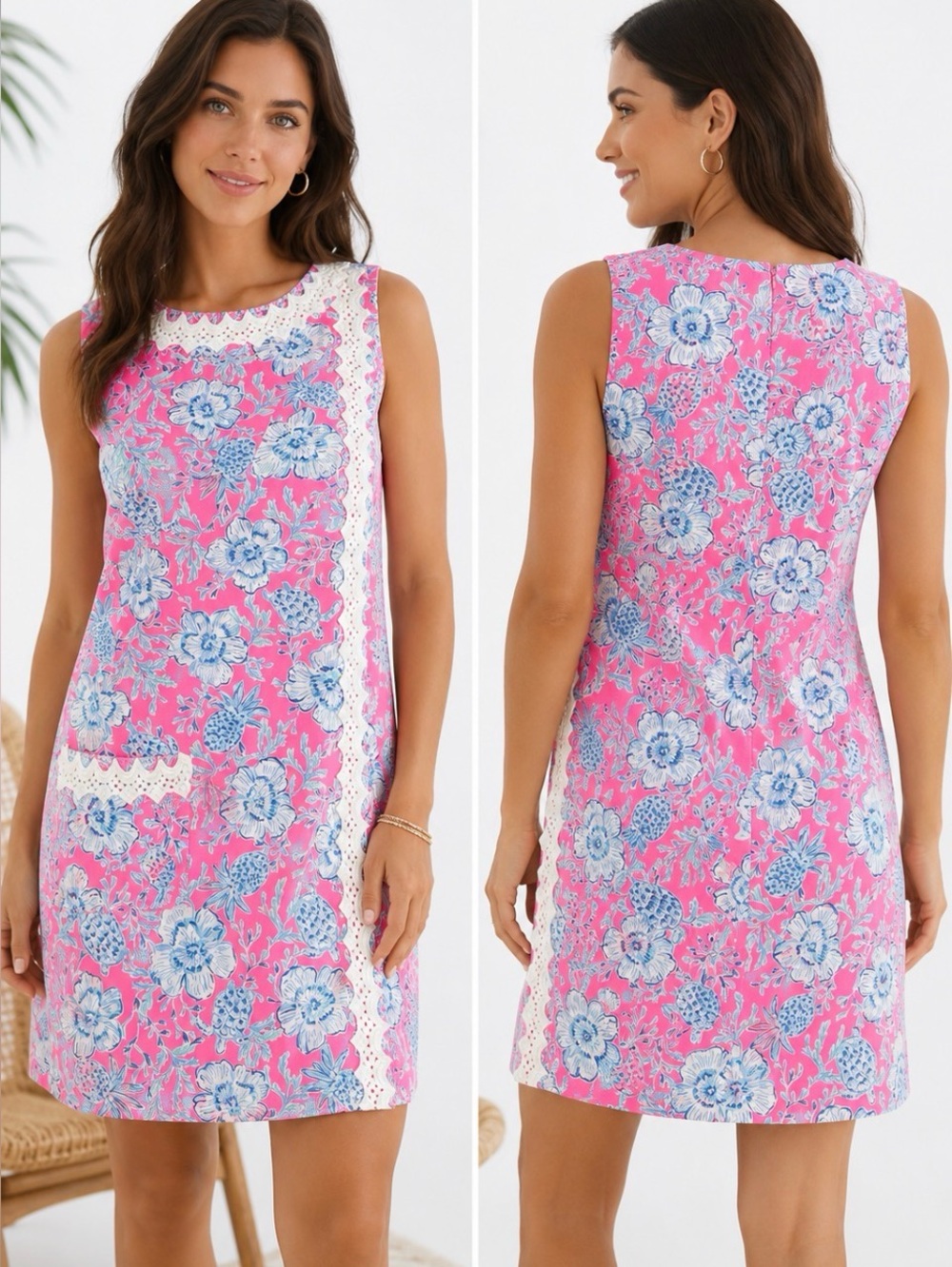 Lilly Pulitzer Pink Blue Floral Pineapple Crochet Trim Shift Dress Size 4